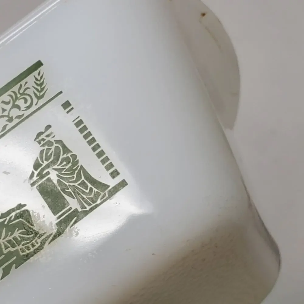Glasbake Vintage White and Green glass Loaf pan Hellenistic Pattern Good